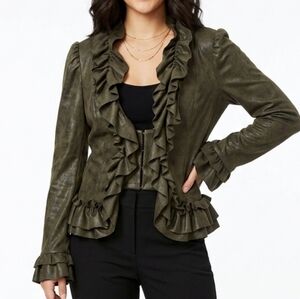 INC Faux Suede Ruffle Front Bolero Jacket Olive Green Brown Shrug Size Small